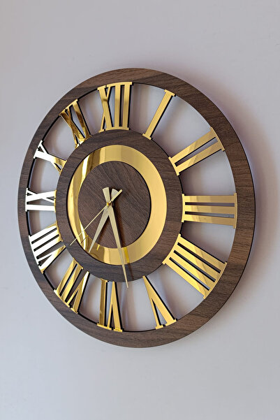 Wooden Factory 50 cm lik Ahşap ve Gold Renginin Şıklığı, Romen Rakamlı Büyük Boy El Yapımı Hediyelik Duvar Saati