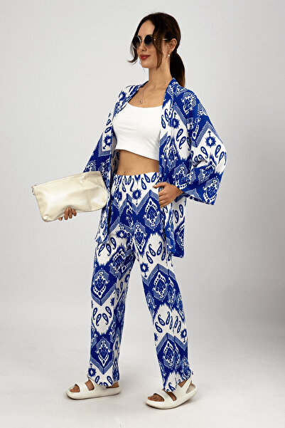 Betimoda Saks Blue Women's Palazzo Trousers and Summer 2-Piece Set - Lycra Wrapped Fabric