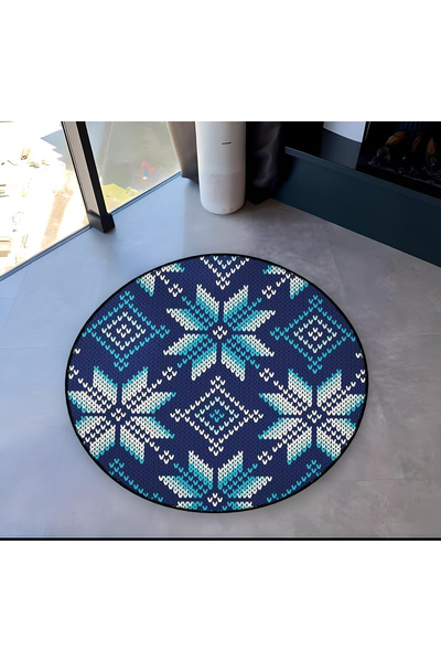 Rugs Modern Halı Mira Round Embroidery Look Blue White Flower Detailed Woven ...