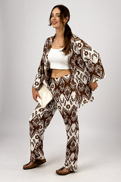 Betimoda Brown Lycra 2-Piece Bottom-Top Set - Loose Wide-Leg Palazzo Trousers and Wrinkled Fabric Summer