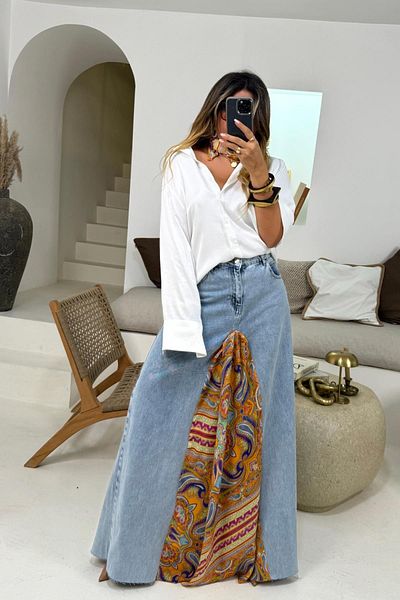 Sohotique By P Fusta albastră Maxi Jean - Model șal de design, fante duble