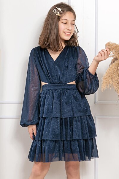 DENİMİNİ Fırfırlı Simli Tül Çocuk Abiye Lacivert Dnm308