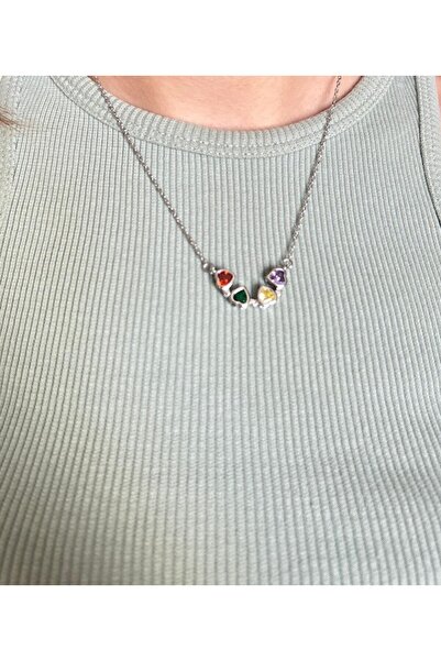 La Passion Bijoux Renkli Taşlı Mıknatıslı Kalpli ve Yoncalı Kolye