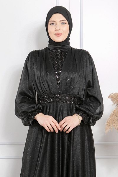 SUBU TASARIM plus Size Sequin EmBroidered Glittered HijaB Evening Dress - ComfortaBle Fit TBS872