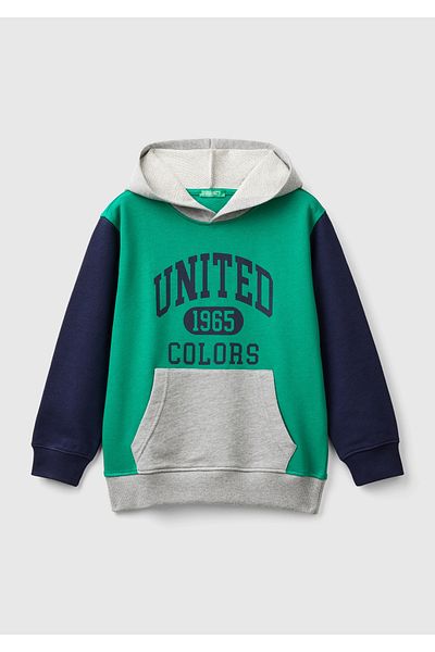 United Colors of Benetton Green Mix Boy's Sweatshirt - Logo Printed, Ribbed and Hooded