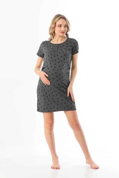 MEGHAN L.A Anthracite Maternity Heart Patterned Stretchy Fabric Nightgown