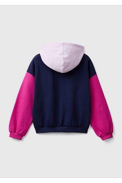 United Colors of Benetton Girl's Navy Blue Logo Printed Water Based Hooded Sweatshirt