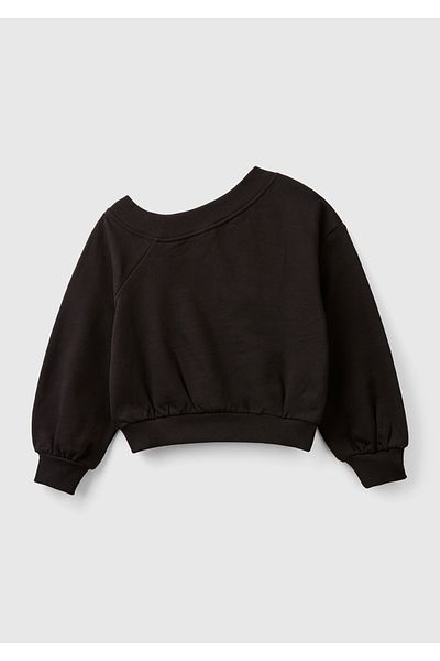 United Colors of Benetton Girl's Black Regular Fit Rib Detailed Asymmetrical Collar Sweatshirt