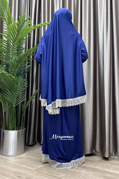 MERYEMNUR Kendinden Başörtülü İki Parça Dantelli Namaz Elbisesi Jarse Petrol Mavisi