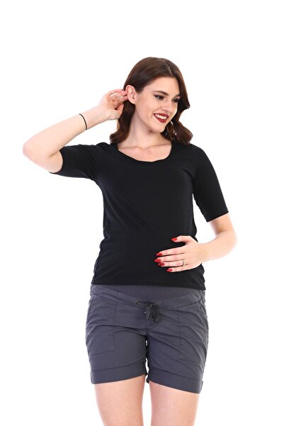 MEGHAN L.A Anthracite Maternity Stretchy Abdominal Band Cotton Fabric Shorts