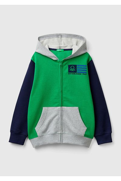 United Colors of Benetton Erkek Çocuk Yeşil Mix Önü Logo İşlemeli Fermuarlı ve Kapüşonlu Sweatshirt