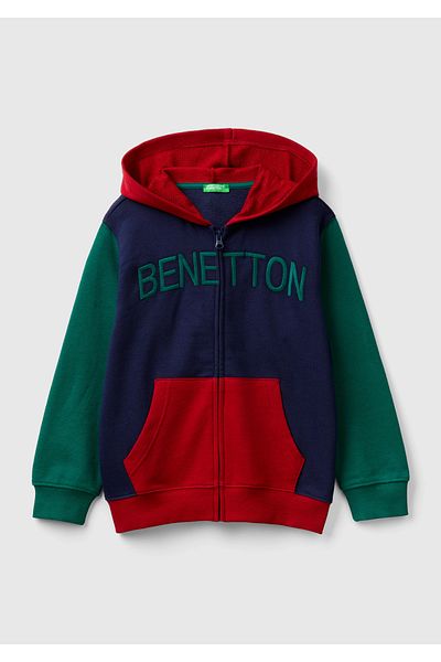 United Colors of Benetton Navy Blue Mix Boys' Sweatshirt - Logo Embroidered, Zippered and Hooded