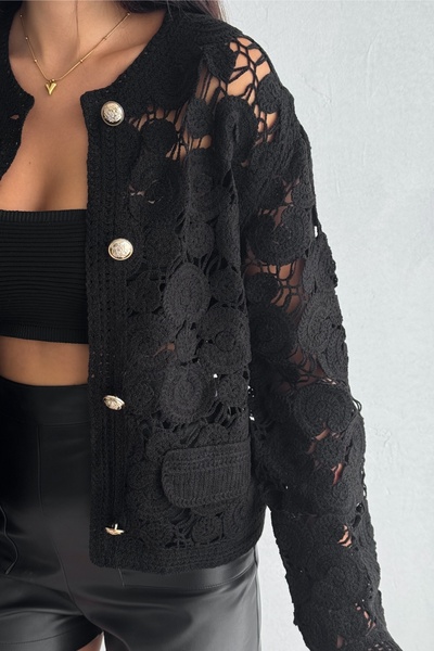 FEMELLE Women's Black Standard Size Button Crochet Lace Jacket