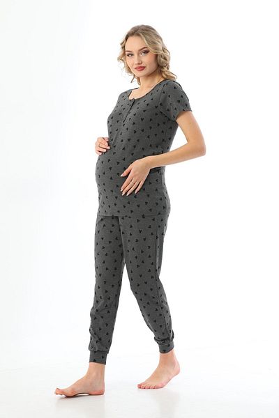 MEGHAN L.A Gray Maternity Heart Patterned Stretchy Fabric Pajamas Set