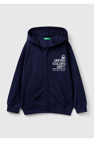 United Colors of Benetton Boy's front logo embroidered zippered and k Hooded sweatshirt
