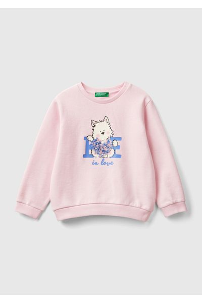 United Colors of Benetton Light Pink Girl's Sweatshirt - Embroidered Regular Cut, Rib Detailed, Crew Neck