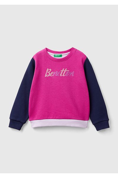 United Colors of Benetton Fuchsia Mix Girl's Sweatshirt - Glitter Logo, Crew Neck, Regular Fit