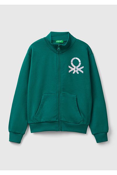 United Colors of Benetton Girl's Shiny Logo Printed High Collar Sweatshirt with Zipper Pockets