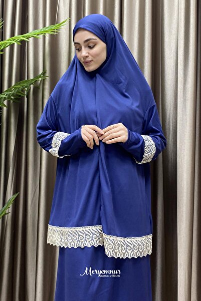 MERYEMNUR Kendinden Başörtülü İki Parça Dantelli Namaz Elbisesi Jarse Petrol Mavisi