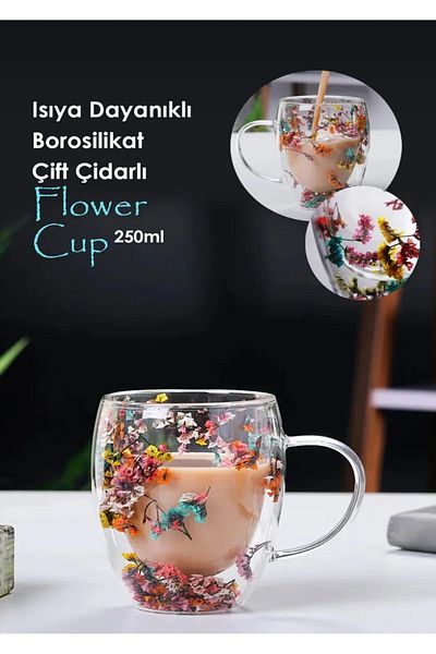 Efilium 250m Dried Floral Pattern - Borosilicate Cup Mug Cup with Glass and Double Wall