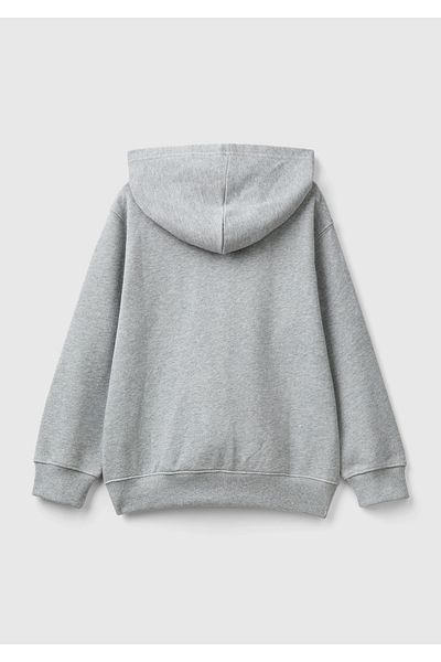 United Colors of Benetton Erkek Çocuk Gri Melanj Önü Logo İşlemeli Fermuarlı ve Kapüşonlu Sweatshirt