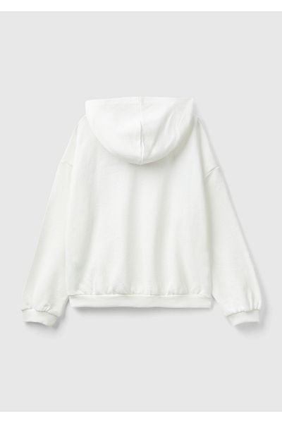 United Colors of Benetton White Logo Printed Water Based Girl's Sweatshirt - Hooded