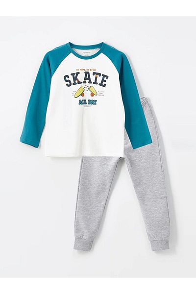 LC Waikiki LCW Baby Boy T-shirt i spodnie dresowe - okrągły dekolt, długi rękaw, nadruk, 2-częściowy zestaw