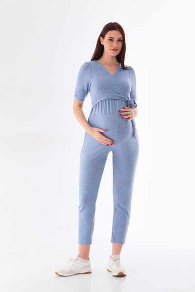MEGHAN L.A Blue Maternity Breastfeeding Featured Laced Stretchy Soft Fabric Jumpsuit