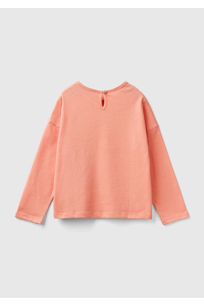 United Colors of Benetton Girl - Long Sleeve T-Shirt with Glitter Water Print and Drop Detail