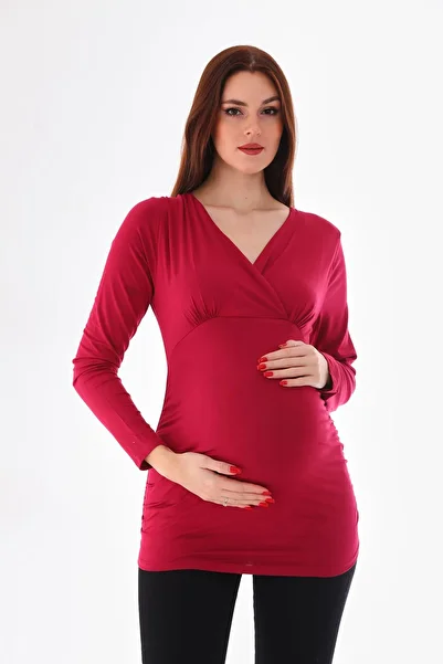 MEGHAN L.A Burgundy Maternity Double Breasted Collar Soft Stretchy Fabric Blouse