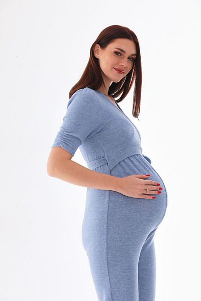 MEGHAN L.A Blue Maternity Breastfeeding Featured Laced Stretchy Soft Fabric Jumpsuit