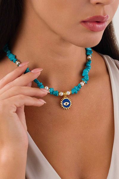 PS ACCESSORİES Turquoise and Turquoise Evil Eye Necklaces