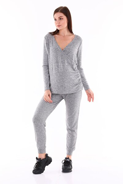 MEGHAN L.A Gray Maternity Blouse Breastfeeding Featured Flexible Soft Fabric