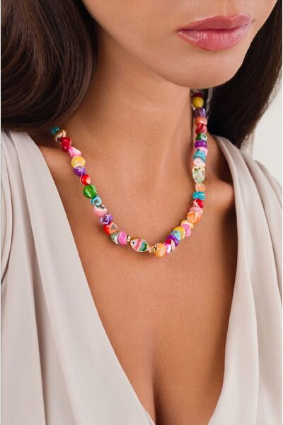 PS ACCESSORİES قلادة نسائية مطرزة باللون الوردي