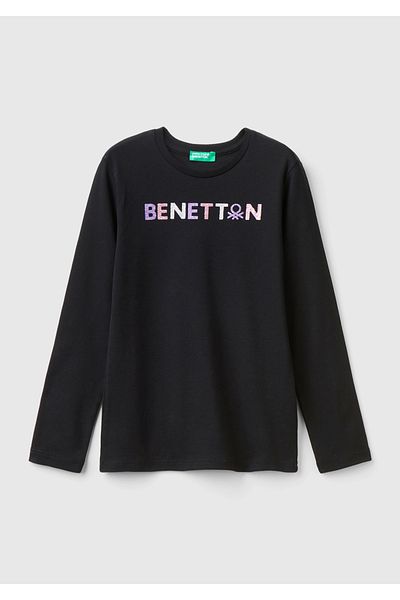 United Colors of Benetton Girl - Black Regular Fit Long Sleeve T-shirt with Glitter Logo Print