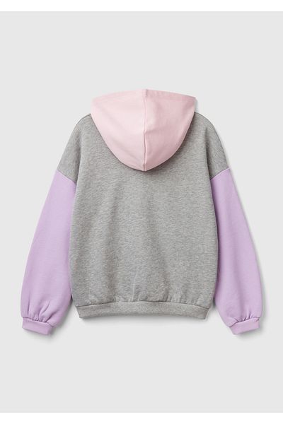 United Colors of Benetton Kız Çocuk Gri Melanj Önü Su Bazlı Logo Baskılı Kapüşonlu Sweatshirt