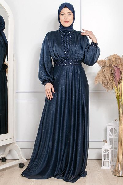 SUBU TASARIM Navy Blue plus Size Hijab Evening Dress - GliTTer Tulle, ComforTable FiT, Sequin Embroidered TBS872