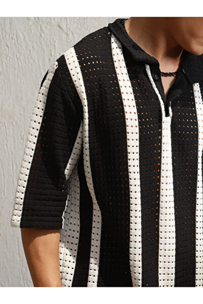 Hubberholme By Styli Eyelet Design Striped Knit Polo