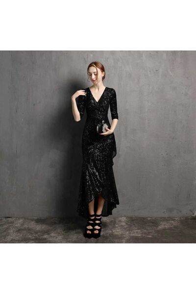 elissaa KROVAZE YAKA YARIM KOLLU PAYET ABİYE ELBİSE