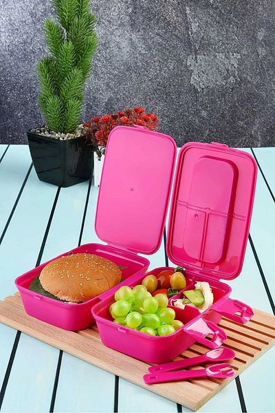 OPTİZON Princess Two-Layer Lunch Box with Compartments and Cutlery with Double Lock