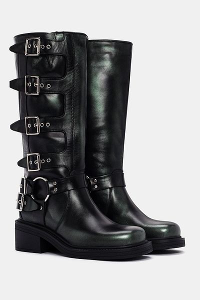 Bestyle Cizme de motociclist verde metalice Hero pentru femei - piele naturală