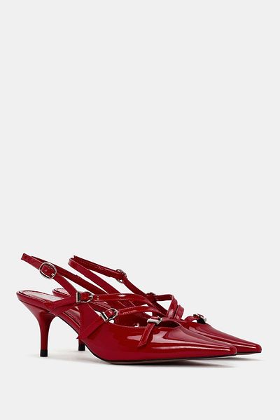Bestyle Red Patent Leather Berry Buckle Women's Heeled Shoes