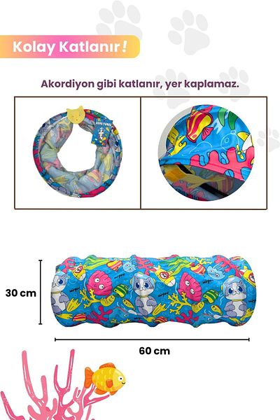 Miyav 60 Cm Oxford Fabric Aqua Themed Durable Cat Tunnel - Pet Play Tunnel