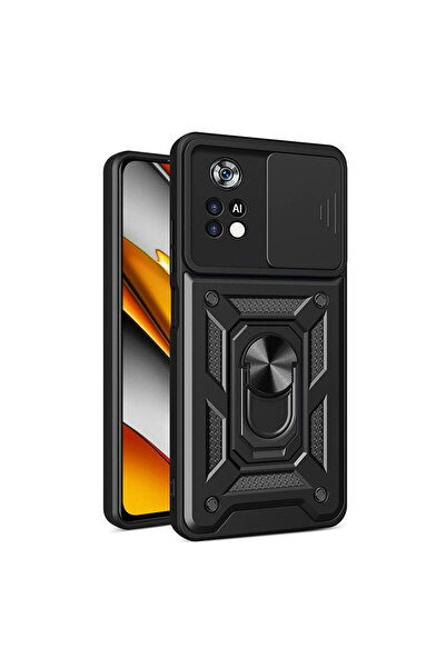 Fibaks Xiaomi Poco X4 Pro 5g  uyumlu Kılıf Kamera Korumalı Sürgülü Yüzüklü Armor Military Tank