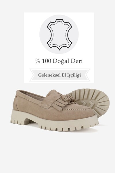 TUNAELLİ KADIN BEJ SÜET HAKİKİ DOĞAL DERİ 36-41 NUMARA PÜSKÜLLÜ LOAFER AYAKKABI