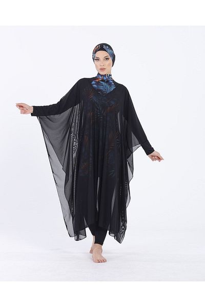 vawensea Women's Hijab Swimsuit V Neck Kaftan Pareo Black