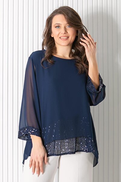 DENİMİNİ بلوزة شيفون كبيرة الحجم مريحة ومزينة بالترتر DNM922