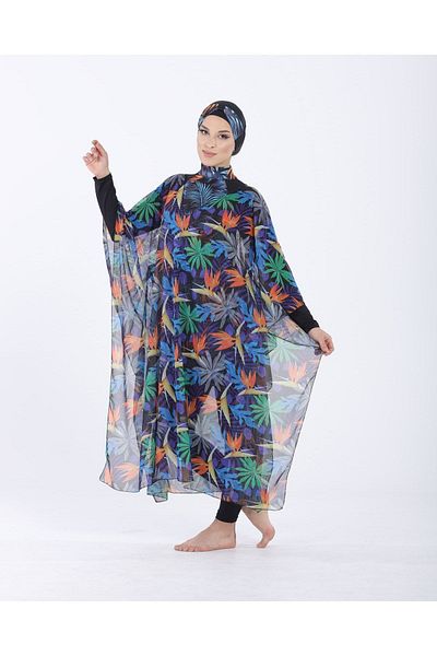 vawensea Women's Hijab Swimsuit with V-Neck Kaftan Pareo Tropical Pattern