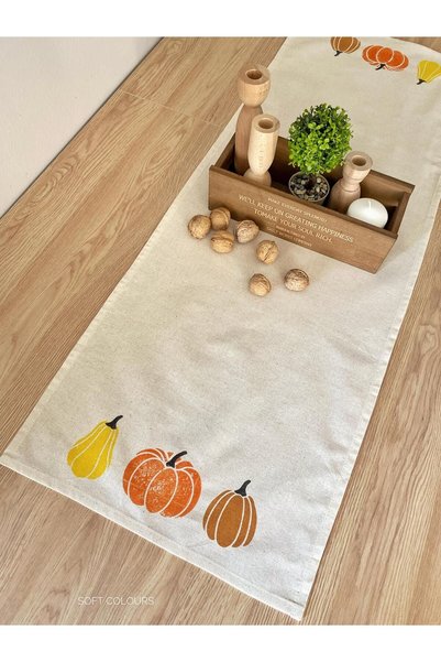 Soft Colours Otantik Balkabağı Taş Baskılı %100 Pamuk Organik Runner 40x140 Cm