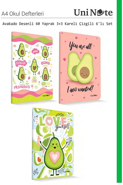 ÇINAR DEFTER Caiet de școală A4 - 60 de coli, 6 bucăți, copertă din carton simplu cu model de avocado, 3 carouri și 3 linii